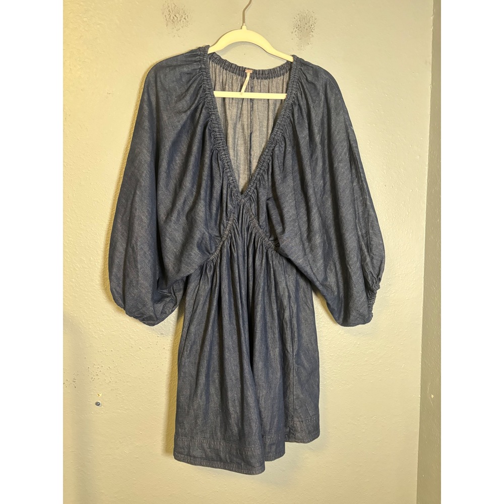 Free People Portia Denim Mini Dress V Neck Size Medium - Picture 4 of 11